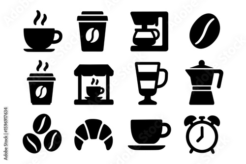 Coffee icon set: cups, brewing equipment, cafe elements in black silhouettes