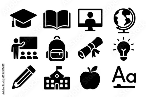 Education and learning icons: graduation, classroom, and study symbols