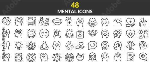 Collection of Mental Health Icons Representing Wellness and Psychological Well being Related to Psychology and Counseling Services Line Art Illustration