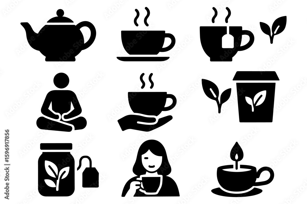 Tea icons set: silhouette style with teapot, cups, leaves, and relaxation elements Tea icons set: silhouette style with teapot, cups, leaves, and relaxation elements