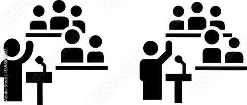 Speaker at podium with audience, a public speaking event in black silhouette