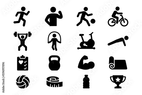 Fitness icons: gym, sports, and wellness activities in bold silhouette style
