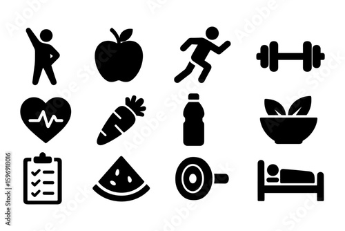 Health and fitness icons set: workout, nutrition, wellness, and rest