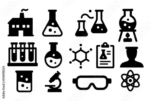 Science icon set: chemistry silhouettes featuring lab equipment and symbols