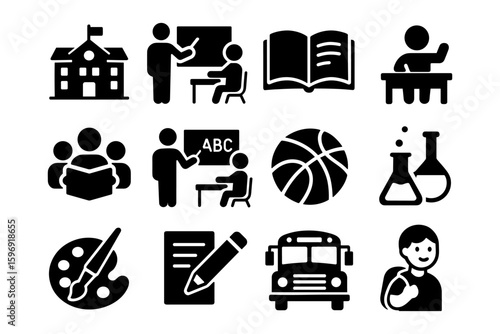 School education icons set: classroom teaching, learning materials, and student activities
