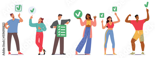 Diverse people cartoon characters rejoicing completed task with done marks checkboxes isolated set