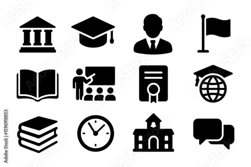 Education icon set: silhouette style symbols for school and learning themes