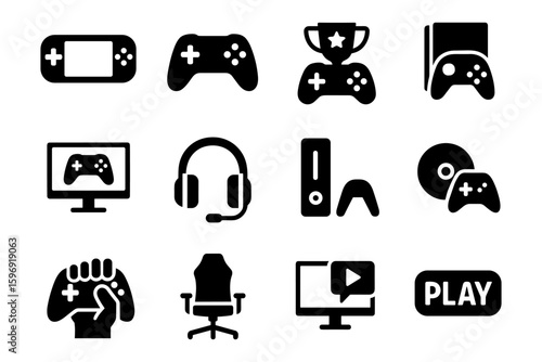 Gaming equipment icons set: controllers, consoles, headsets, and more in silhouette style