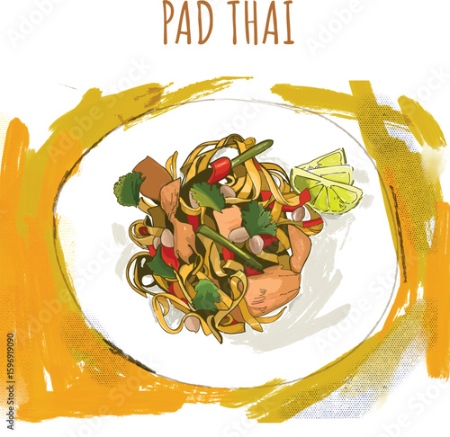 Pad Thai Fried Noodles With Shrimp hand drawn vector illustration on the white background. Thailand's national dishes, stir-fried rice noodles (Pad Thai) icon. Pencil, marker colorful illustration.