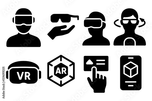 Virtual and augmented reality icons in minimalist silhouette style