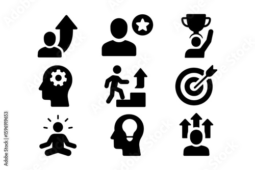 Icon set for personal growth and success with people and achievement symbols