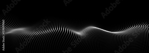Wave of flowing particles on a dark background. Abstract backdrop with dynamic elements of waves and dots. Vector