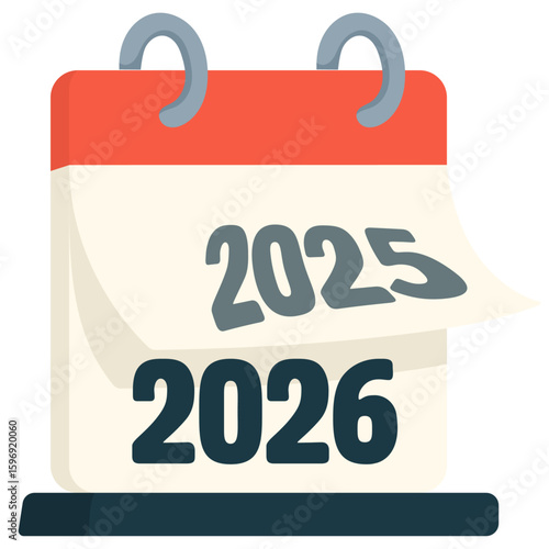 Desktop calendar turning from 2025 to 2026, flat minimal style with red top spiral and clean typography