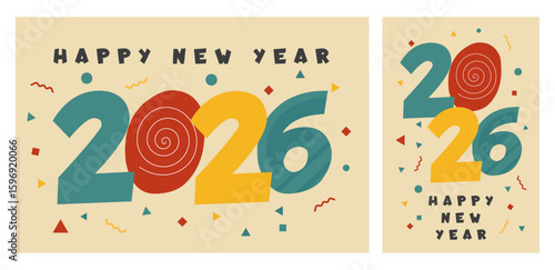 Bold 2026 Happy New Year composition with spiral shapes and colorful playful typography in flat style