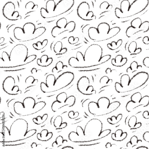 Vector seamless pattern of playful hand-sketched outlined clouds in naive style. Crayon drawings black and white repeatable backdrop. Minimalistic naive wallpaper.