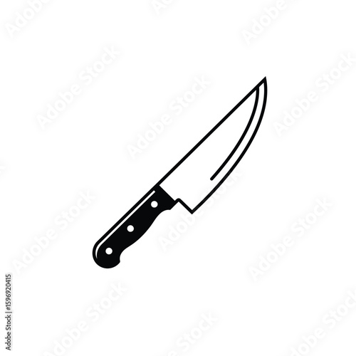 Simple black and white illustration of a kitchen knife with a sharp blade and black handle for various culinary applications