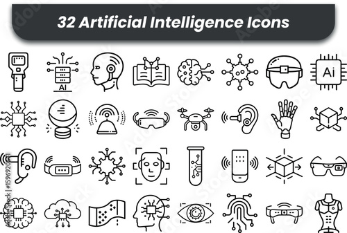 Vector art of artificial intelligence icons depicting futuristic technology isolated on white background