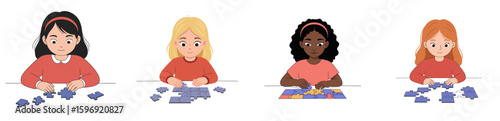 Child doing puzzle together with joy and focus, white background, isolated, vector, set  