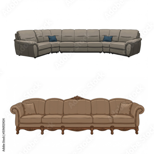 Two sofas showcasing modern sectional and classic ornate designs for living room furniture style inspiration