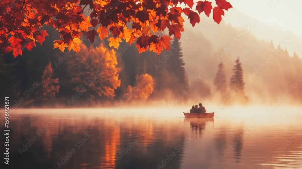 Fototapeta premium Couples enjoy a tranquil boat ride on a misty lake surrounded by autumn foliage