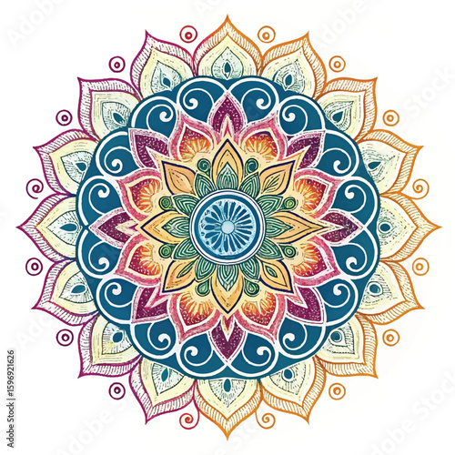Hand-drawn mandala with floral and geometric patterns in teal, coral, and yellow tones on white background. Perfect for boho decor, meditation art, henna design, and spiritual illustrations.