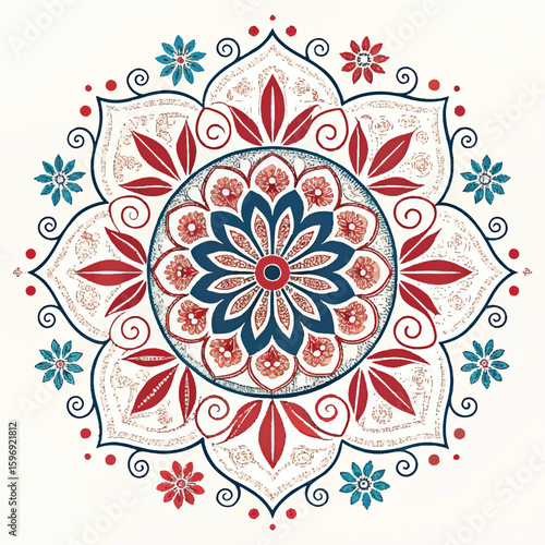 Hand-drawn mandala with floral and geometric patterns in teal, coral, and yellow tones on white background. Perfect for boho decor, meditation art, henna design, and spiritual illustrations.
