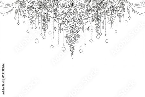 Intricate floral mandala design with hanging ornaments, detailed botanical illustration for coloring book or creative design