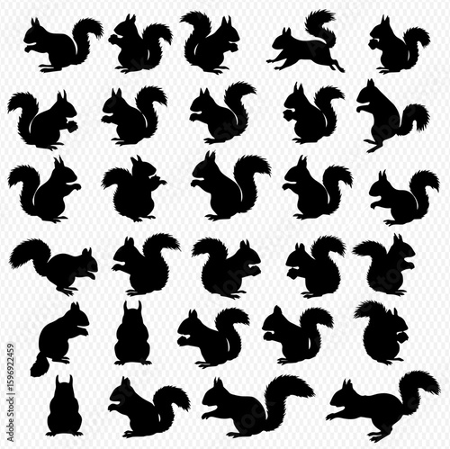 A collection of twenty-eight squirrel silhouettes in various poses, including standing, sitting, running, and foraging.