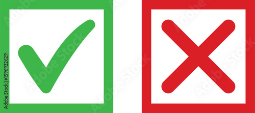 Green check mark and red cross symbol inside square boxes isolated on a white background