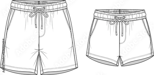 CAD drawing flat vector illustration of men’s and women’s athletic shorts with drawstring waist, side pockets, sportwear design template.