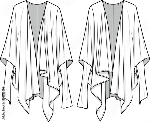 CAD drawing flat vector illustration of draped open-front cardigan with asymmetrical hem, flowy sleeves, fashion garment, apparel template
