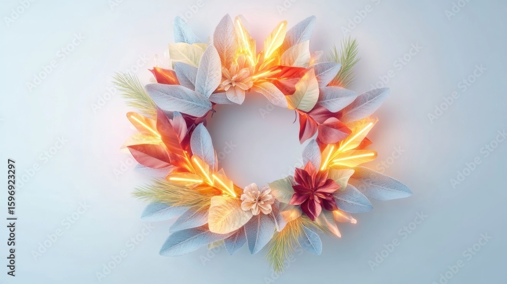 Fototapeta premium Decorative wreath with lights and seasonal foliage for festive occasions