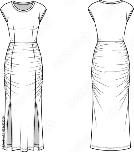 CAD drawing flat vector illustration of women’s ruched midi dress with cap sleeves, side slits, bodycon fit, fashion template design.