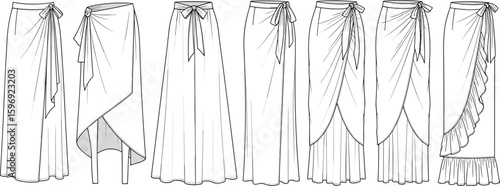 CAD drawing flat vector illustration of women's wrap skirts, fashion technical sketch, beachwear, ruffle hem, sarong style designs.