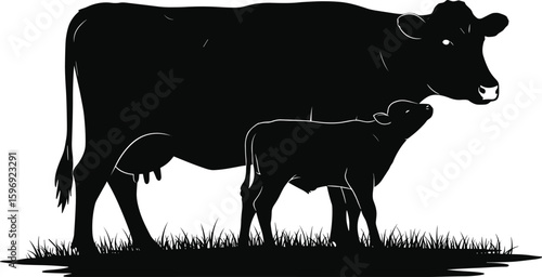 Cow and calf silhouette vector illustration, farm animal design, black and white livestock graphic, mother and baby cattle in grass, rural scene artwork