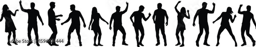 Dancing people silhouette collection, party dance poses vector, black and white human movement illustration, celebration crowd figures, energetic dancers clipart for design projects