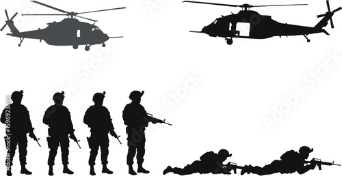 Military helicopter and soldier silhouette vector set, combat troops with rifles, army aircraft illustration, tactical operations graphic, black and white warfare scene design