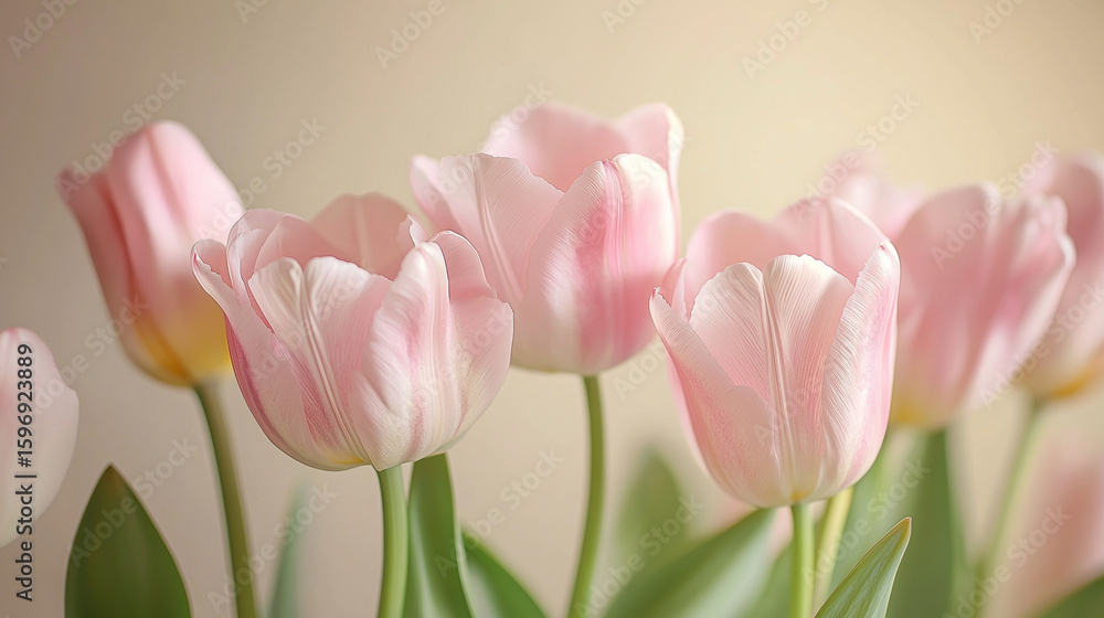 Fototapeta premium Light pink tulip bouquet on a plain background shot with soft light and a shallow depth of field 