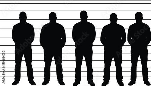 Police lineup silhouette with five suspects standing against height chart, criminal identification vector, law enforcement mugshot scene for crime, justice, investigation concepts