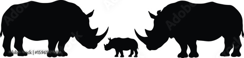 Rhino family silhouette vector illustration, black and white wildlife graphic with adult and baby rhinoceroses, endangered animal design for nature, safari, or conservation projects