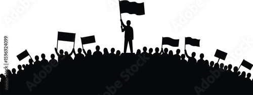 Protest crowd silhouette with banners and flags, political demonstration vector, activism rally scene with people holding signs for revolution, social justice, or civil rights