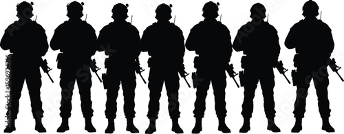 Silhouette of armed soldiers in tactical gear – military squad formation with helmets, rifles, and combat uniforms, isolated black vector illustration of special forces