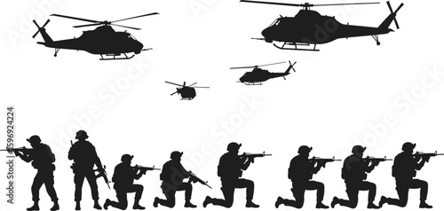 Silhouette of army soldiers in combat positions with helicopters flying above, military operation scene, tactical warfare concept, black vector illustration, battlefield defense graphic art