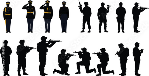 Silhouettes and uniformed figures of military soldiers and officers – vector illustration of armed forces in action and formal dress, isolated on white background