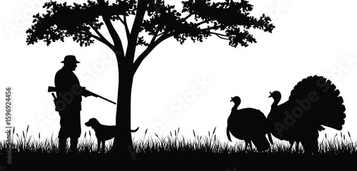 Turkey hunting scene silhouette with hunter, dog, and wild turkeys under tree, black and white vector illustration, outdoor wildlife hunting design graphic
