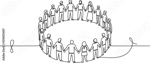 Continuous line drawing of people holding hands in circle unity community illustration art