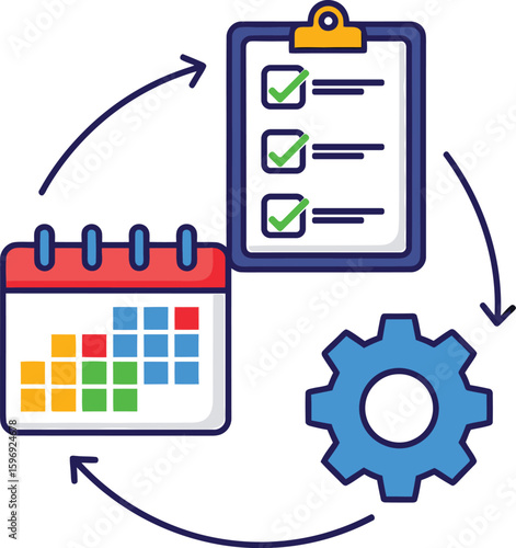 Workflow automation cycle process management task scheduling checklist calendar gear icon vector