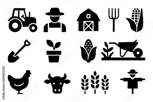 Farm equipment and harvest icon set: silhouette tractor, barn, and crop symbols for agriculture