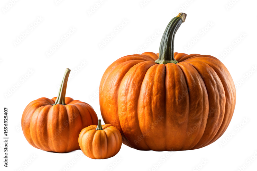 Fototapeta premium Three different sized orange pumpkins, two small and one large, isolated on a transparent background