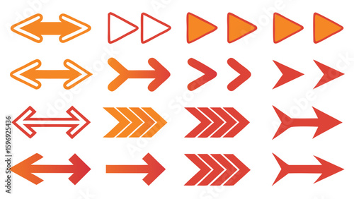 various styles and designs of orange and red arrows for directional and navigational purposes isolated on white background.
